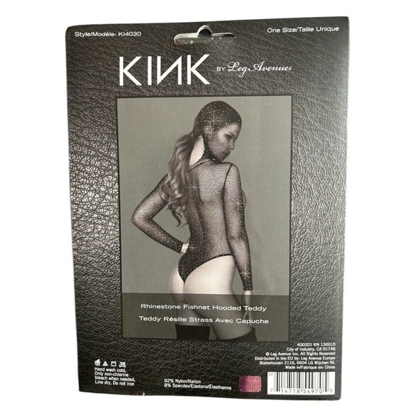 Leg Avenue Rhinestone Fishnet Hooded Teddy Bodysuit Black One Size - Picture 2 of 2